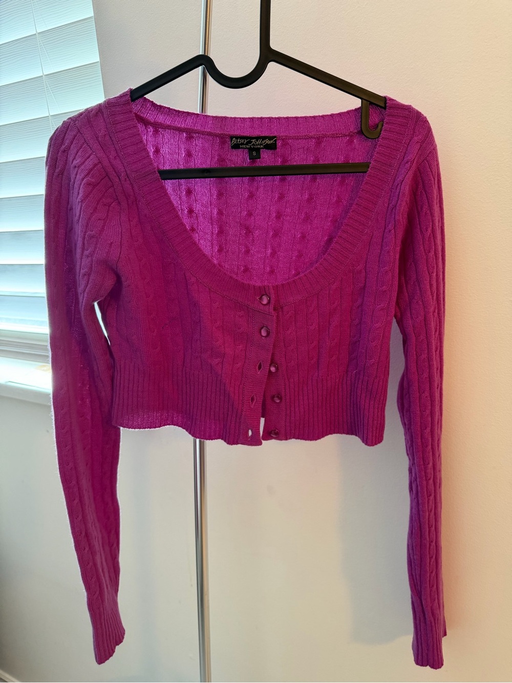 Betsey Johnson Bright Magenta Cable-Knit Cropped Cardigan